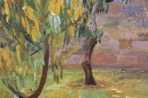 "Ροδακινιά – κήπος στην Ορμύλια", 2004, ακρυλικό σε καμβά, 240 x 100 cm