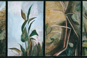 "Φυλλωσιές στον αγέρα", 2001, μικτή τεχνική, 25 x 70 cm (τετράπτυχο) "Φυλλωσιές στον αγέρα", 2001, μικτή τεχνική, 25 x 70 cm (τετράπτυχο)