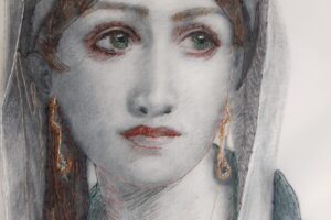 "Μαριγώ Ζαρίφη", 2021, κάρβουνο σε καμβά, ύφασμα, κλωστή, μετάξι, 70 x 50cm (λεπτομέρια) "Μαριγώ Ζαρίφη", 2021, κάρβουνο σε καμβά, ύφασμα, κλωστή, μετάξι, 70 x 50cm (λεπτομέρια)
