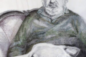 "Θανάσης Μιχαηλίδης", 2023, κάρβουνο, ύφασμα, κλωστή, μετάξι 115 × 90 cm (λεπτομέρεια) "Θανάσης Μιχαηλίδης", 2023, κάρβουνο, ύφασμα, κλωστή, μετάξι 115 × 90 cm (λεπτομέρεια)