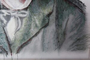 "Νικόλαος Γύζης", 2022, κάρβουνο, ύφασμα, κλωστή, μετάξι, 70 x 50 cm (λεπτομέρεια) "Νικόλαος Γύζης", 2022, κάρβουνο, ύφασμα, κλωστή, μετάξι, 70 x 50 cm (λεπτομέρεια)